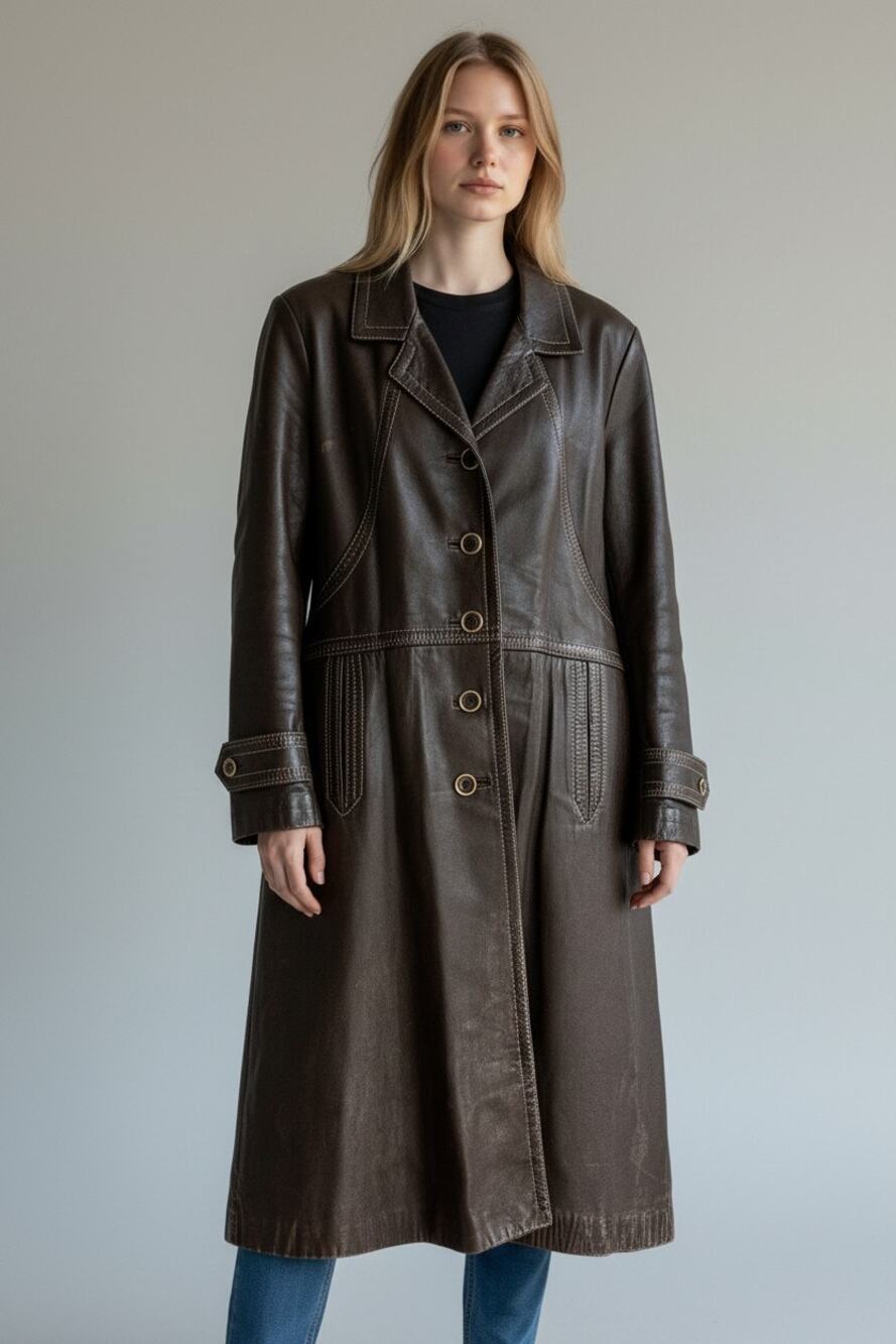 Leda Spain 12 vintage brown leather trench coat jacket long 70's retro